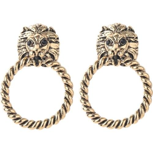 ZHINI Bohemia Retro Gold Lion Head Earrings for Women Simple Punk Geometric Circle Dangle Drop Earring Statement Earring Jewelry