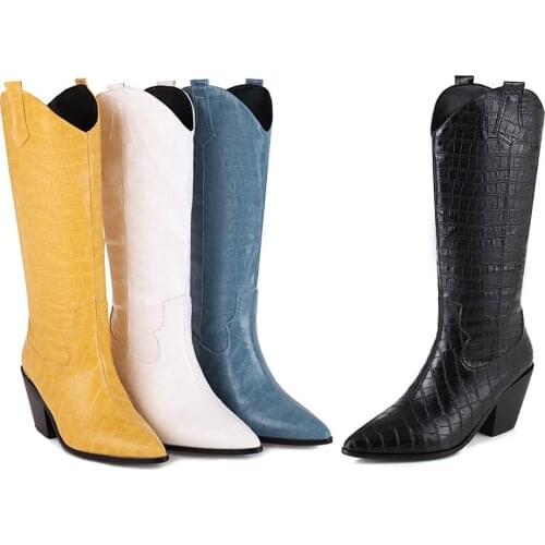 Winter Women Shoes Simple and Versatile Knight Boots Crocodile Pattern Microfiber Leather Ladies Boots Thick Heel Riding Boots