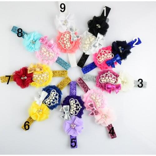 10 pcs/lot , Shabby Chiffon Pearl flowers Sequin bow Crown on elastic headbans