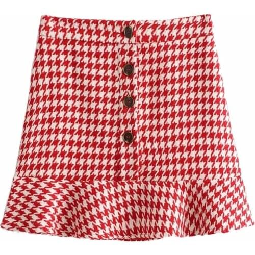 2020 Fashion New Breasted Ruffled Houndstooth High Waist Temperament Womens Mini Mermaid Skirt