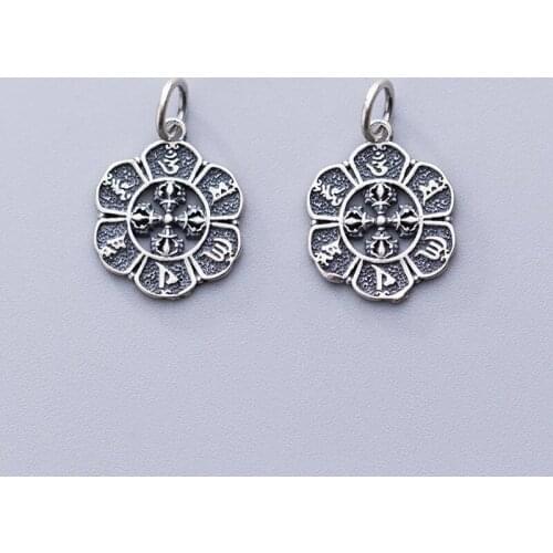 925 Sterling Silver Handmade Craft Buddhism Mantra Flower Hoop Charms DIY Jewelry For Male Female Gift 14mm Matte Flat Pendants
