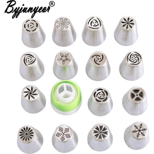 Byjunyeor 16PCS Stainless Steel Cake Nozzles Cake Decorating Tools Russian Nozzle Pastry Icing Piping Nozzles Tips CS019