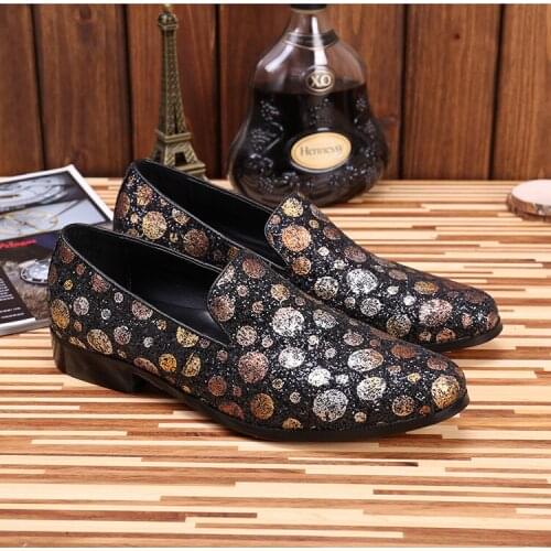 Christia Bella Classic Genuine Leather Male Loafer Shoes Golden Crystals Dot Men Smoking Slippers Shoes Party Man Flats Shoes