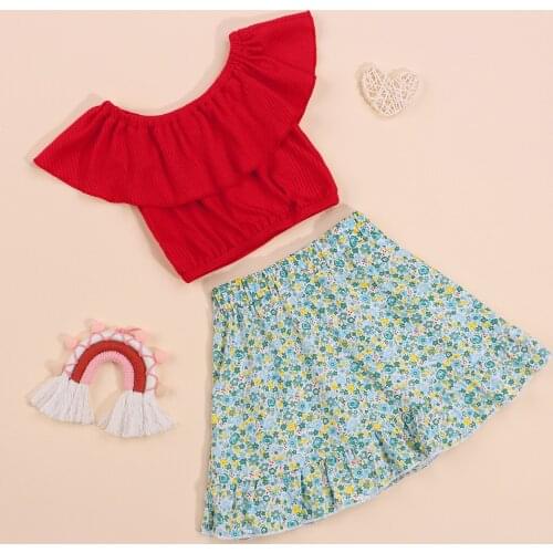 2 Pieces Kids Suit Set, Summer Solid Color Round Neck Flay Sleeve Tops+ Floral Print Midi Skirt for Girls, Red, 1-6 Years