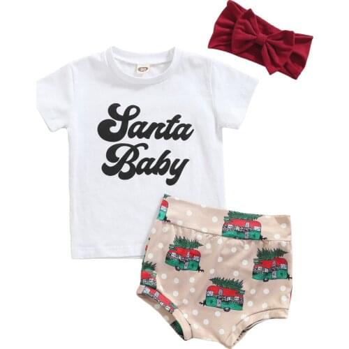 Infant Baby Girls Clothes 3Pcs Set, Letter Print Short Sleeve O-neck T-shirt+Bus Print Shorts+Bow-knot Headband