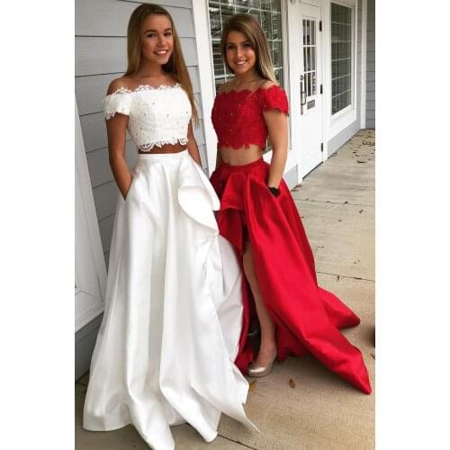 Popular Lace Beads Satin Two Pieces Set Bridesmaid Dress Unique Wedding Party Gown with Pockets