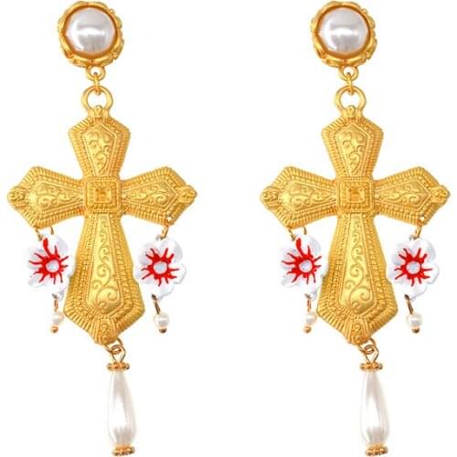 Fashion women hyperbole gold cross earrings for women Baroque retro party exaggerated dangle earring pendents eardrop