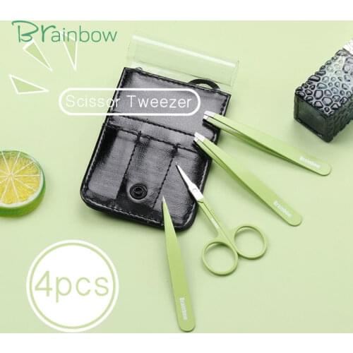 Brainbow 4pc/Pack Makeup Tools Set&Kit Slant Flat Point Eyebrow Tweezer Curve Round Makeup Scissor Eyebrow Removal Eyelashes Cut