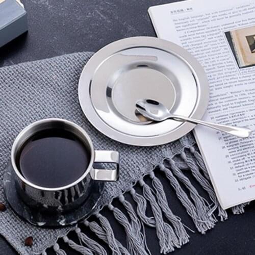 Coffee Cup Set Stainless Steel Double Layer Design Insulated Mug with Dish Spoon anti-rust fashion and beautiful kitchen tool