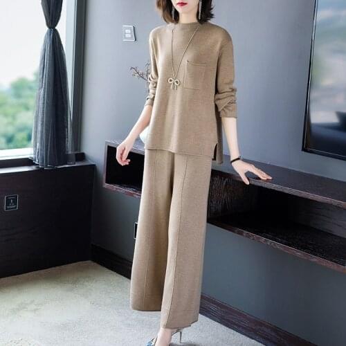 Autumn winter wool blend Knitted tracksuit sweatshirts Casual Suit Women clothing 2 Piece set Knit pant Pants Set suit