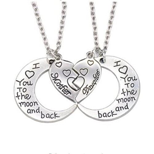 2Pcs I Love You to the Moon and Back Mother Daughter Heart Necklace Pendant Gift