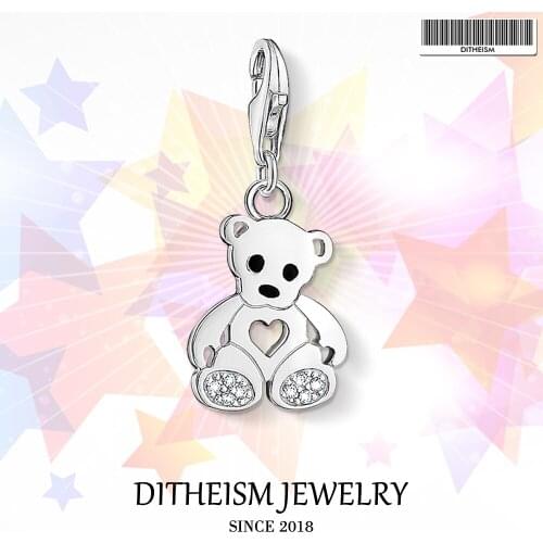White CZ Teddy Bear Charms Pendant,2018 Jewelry 925 Sterling Silver Cute Gift For Women Girls Fit Bracelet Necklace Bag