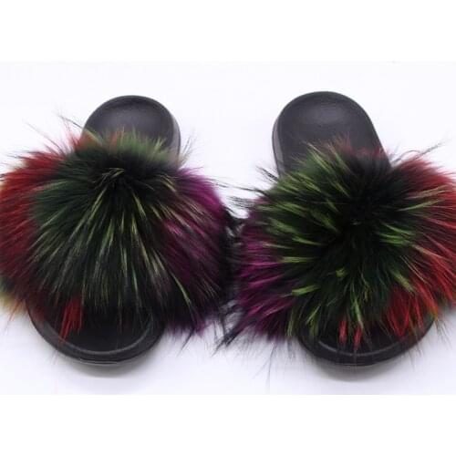 Raccoon Fur Slides For Women Real Fur Slippers House Ladies Fluffy Sandals Home Flip Flops Summer Indoor Shoes 2021 New Arrival