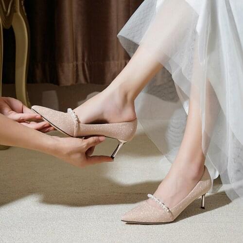 Wedding Shoes Womens 2020 New Bridal Shoes Champagne Gold High Heels Womens Thin Heeled All-match Pearl Wedding Crystal Shoes