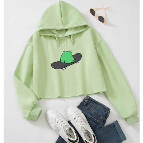 Cute Frog on A Skateboard Hoodie Cotton Oversize Long Sleeve Crop Tops Women Short Sweatshirt Pastel Pink Clothes for Teen Girls