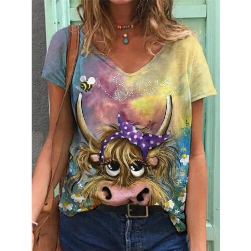 V Neck Tops for Women Summer Vintage Print Woman 2021 Fashion Women Top Plus Size Harajuku Short SleeveTshirt Streetwear Tees