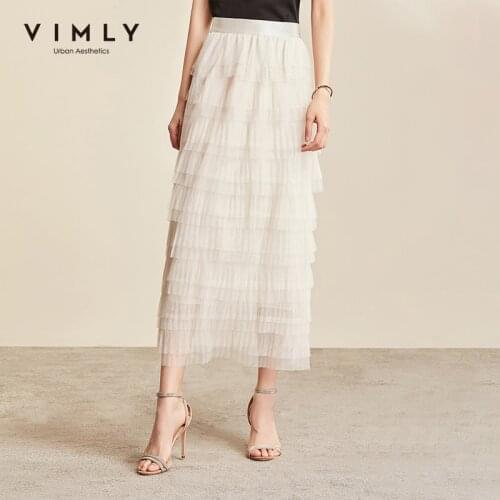Vimly Spring Skirt For Women Elastic High Waist Solid Mesh Midi Long Skirts Multilevel Lace Skirt Elegant Female Faldas 96390