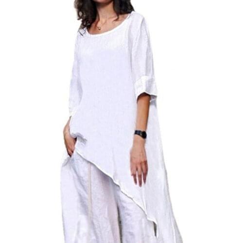 Women T-Shirts Irregular O Neck Solid Color Fashion Summer Loose Round Neck Half Sleeve Shirt Tops Casual Vintage Tees