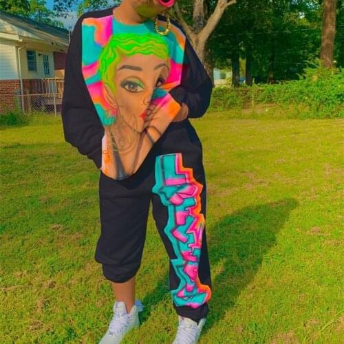 Black Beauty Print 2 Piece Set Women Sweatwear Plus Size Long Sleeve Trousers Fashion Joggers Women Set 2020Autumn Matching Sets