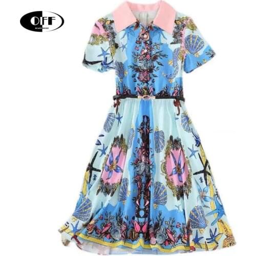 Designer Runway Casual Midi Dresses For Women Summer Short Sleeve Beach Printed Chic Traf Blue Holiday Party Dress Lady Clothes
