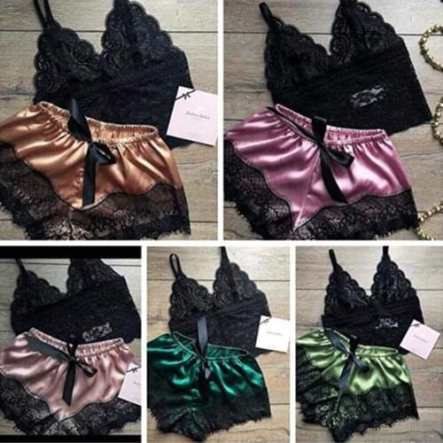 Women Sexy Pajamas Lingerie Set Lace Trim Sleeveless Strap Top +Shorts Pajama Sleepwear Nightwear