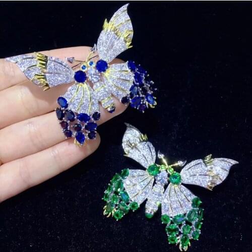 925 sterling silver with cubic zircon butterfly brooch pins insect blue green color fine women jewelry 49*60MM free shipping