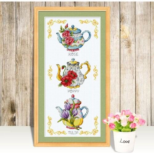 Gold Collection Lovely Counted Cross Stitch Kit Flower Teapot Cake Rose Poppy Tulip Teapots SO