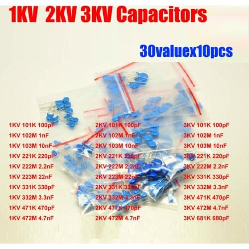 30valuesX10pcs=300pcs 1KV/2KV/3KV High Voltage Ceramic Capacitor 1000V/2000V/3000V Assortment Kit 100PF ~ 4.7NF