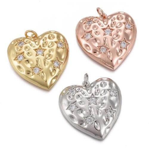 5Pcs Hammered Brass Zircon Heart Pendants 2021 New Charms With Jump Rings For Necklace Dangles Jewelry Making Findings