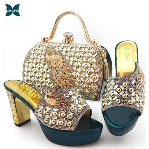 African Women New Arrivals Shoes and Bag to Match in Green Color Mature Style with Shinning Crystal Sandals for Wedding Party
