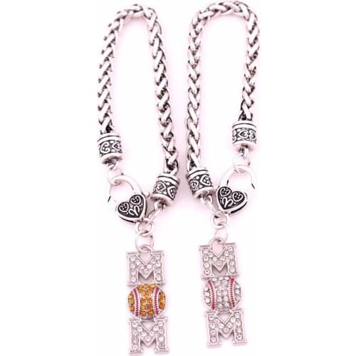 Antique sliver plated zinc studded with sparkling crystal MOM BASEBALL or MOM SOFTBALL pendant bracelet link chain