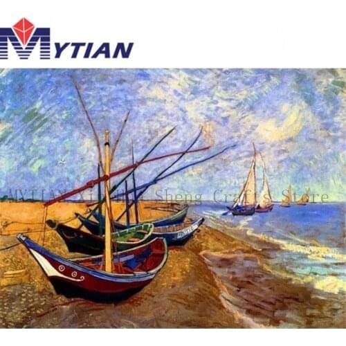 Coastline With Old Fashioned Fishing Boats,Sailboats,Diamond Painting Art Kit Mosaic Wall Sticker Diamond Embroidery Home Decor