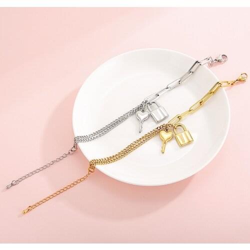 Origin Summer Fashion Chunky Curb Chain Key Lock Charm Bracelet Irregular Stainless Steel Asymmetric Bracelet Jewelry Dropship