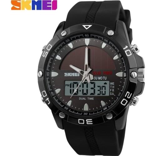 SKMEI Solar Dual Display Wristwatches Sport Watch Chronograph Alarm 50M Waterproof Complete Calendar Quartz Wristwatches 1064