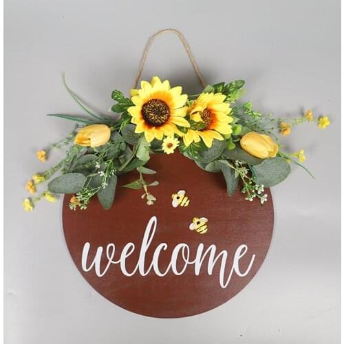 Wooden Hanging Welcome Plaque for Porch Front Door, Flowers Wreath Sign Door Wall Home Decorations Spring Gift
