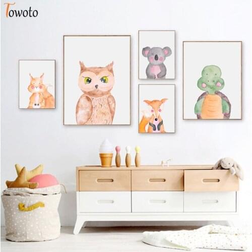 Baby Deer Squirrel Turtle Canvas Painting Woodland Animal Print Watercolor Poster Nursery Wall Art Kids Room Decoration Pictures