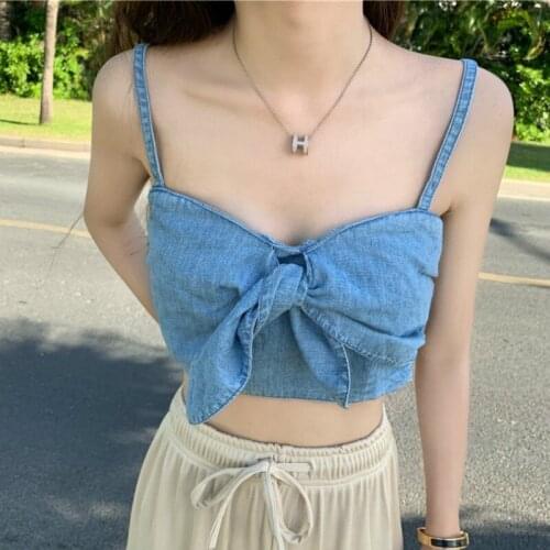 Kawaii women denim camisole sexy girls front tie bow camis women denim crop tops