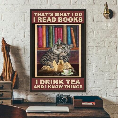 Cat Reading Book Funny Poster Vintage Prints Reading Room Library Wall Decor Librarian Bookworm Gifts Girls Room Canvas Painting