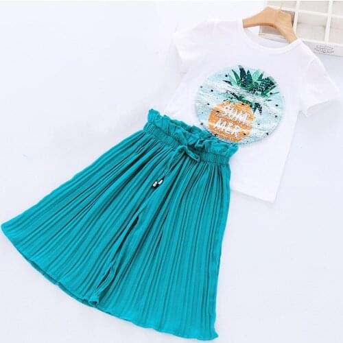 Kids Girls Clothing Sets Pineapple Sequined Cartoon Smiley Face T-Shirt Chiffon Pants Dress Two Piece Children Outfits Suit