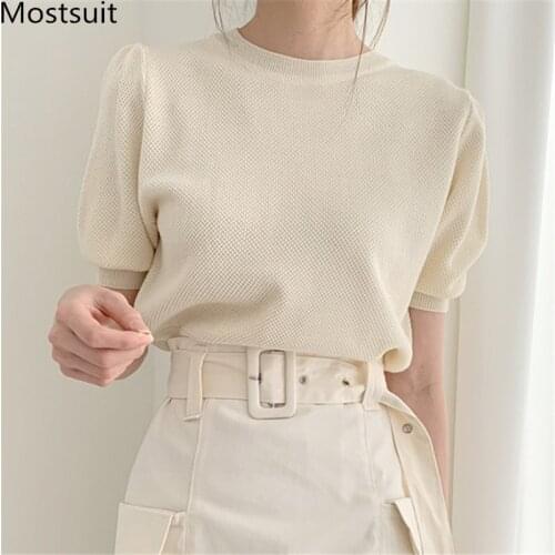 Korean Knitted Solid Women Tunics T Shirts Tops 2020 Summer Short Sleeve O-neck Pullovers Tees Elegant Fashion Ladies T-shirts