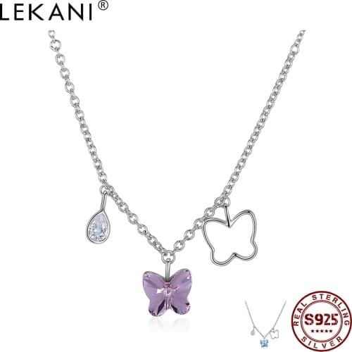 LEKANI 925 Sterling Silver Pendant Necklaces Butterfly Romantic Round Austria Crystal And Clear Cubic Zirconia Female Necklace