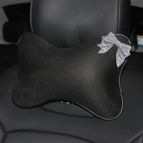 Fashion Crystal Bowknot Universal Car Headrest Pillow Four Seasons Breathe Ice Silk Head Neck Cushion Protector Auto Accessories