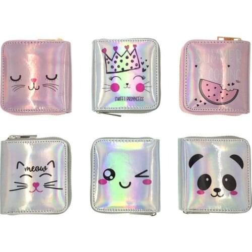 Fashion Laser Cat & Panda Women Wallets Pocket Purse Card Holder Patchwork Wallet Lady Female Fashion Short Coin Burse Money Bag