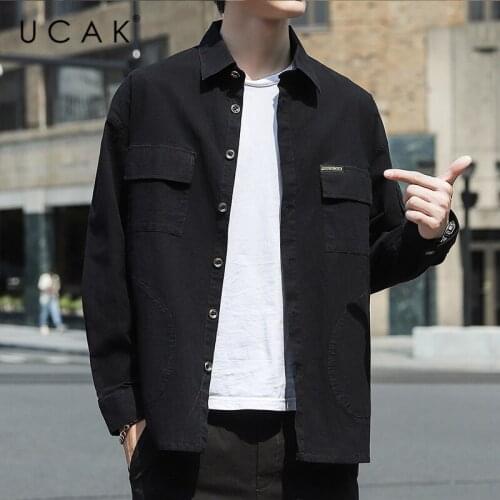UCAK Brand Tooling Style Shirts Mens Clothing Long Sleeve Cotton Shirt Homme Autumn Spring Solid Color Pockets Clothes U6093