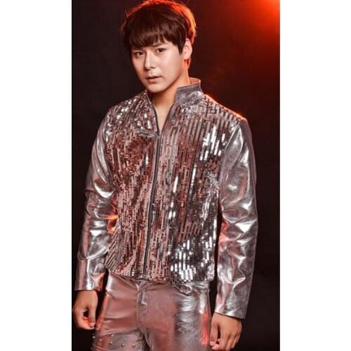 Silver sequins mens leather jacket stand collar pu coat men motorcycle leather jackets stage dance rock singer coat pant vest