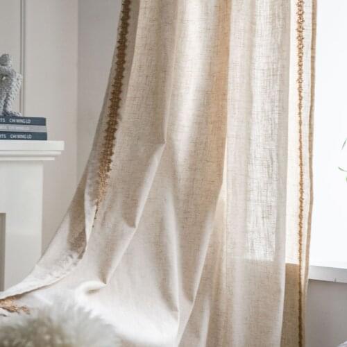 Solid Color Beige Curtain For Bedroom Living room Cotton Linen Printed Decorative Curtains with Lace Edged Home Decoration