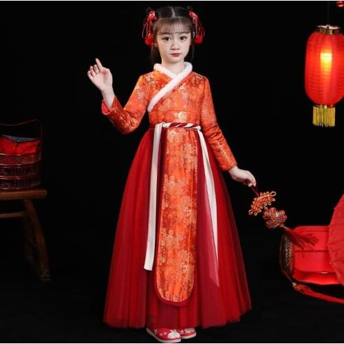 Autumn And Winter Girls' Hanfu Chinese Style New Years Dress Tang Suit Long Sleeves Dress Birthday Party Evening Clothing