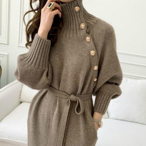 Women Autumn Winter Elegant Turtleneck Long Knitted Sweater Dress Belt Slanted Buttons Lantern Sleeve Pullover Slim Waist