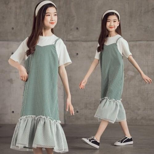Girls' Dresses 2021 New Summer Big Childrens Plaid Princess Dress Childrens Short-sleeved Fake Two-piece Skirt