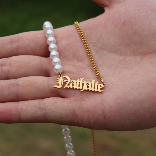 Old English Name Necklace Pearl Necklace Stainless Steel Curb Chain Collares Personalized Necklaces For Women Bridesmaid Gift